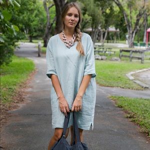 Vikolino Bella Linen 3/4 Sleeves Blue Glass Tunic Dress Lagenlook Coastalgrandma